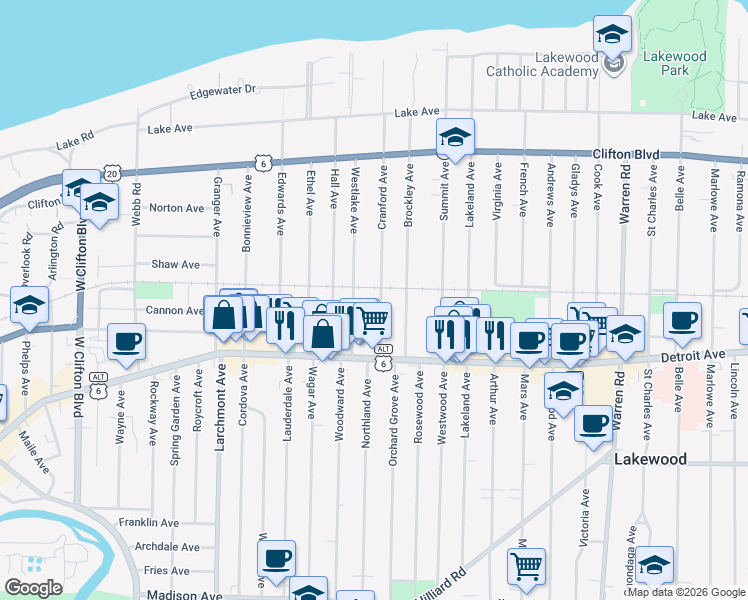map of restaurants, bars, coffee shops, grocery stores, and more near 1334 Cranford Avenue in Lakewood