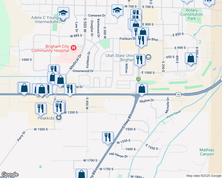 map of restaurants, bars, coffee shops, grocery stores, and more near 263 West Westland Drive in Brigham City