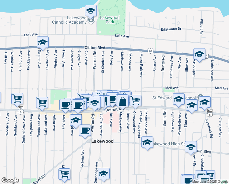 map of restaurants, bars, coffee shops, grocery stores, and more near 1335 Belle Avenue in Lakewood