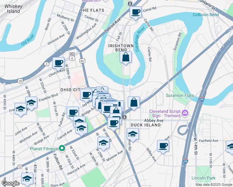 map of restaurants, bars, coffee shops, grocery stores, and more near 1687 Bridge Avenue in Cleveland