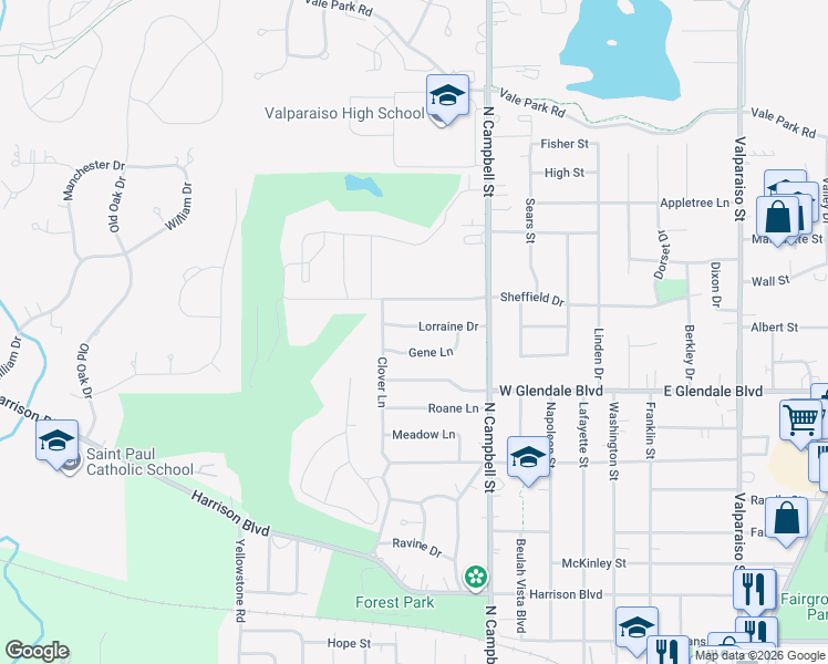 map of restaurants, bars, coffee shops, grocery stores, and more near 653 Lorraine Drive in Valparaiso