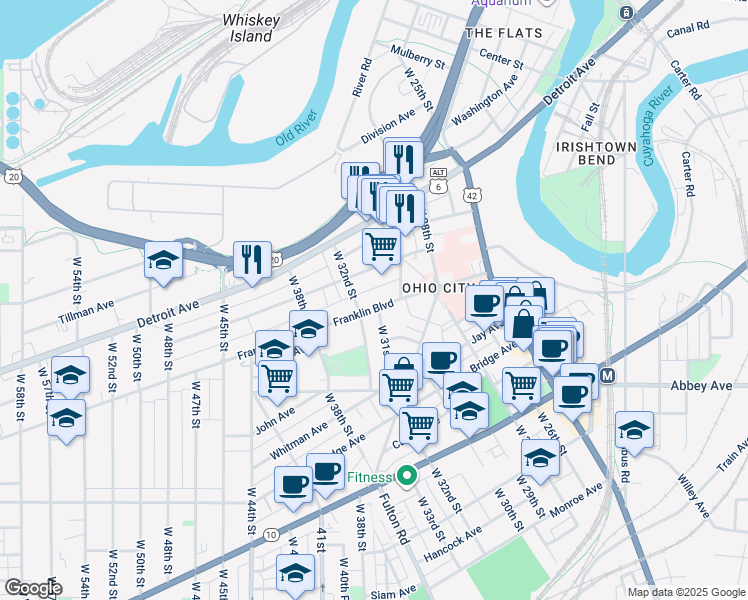 map of restaurants, bars, coffee shops, grocery stores, and more near 3014 Franklin Boulevard in Cleveland