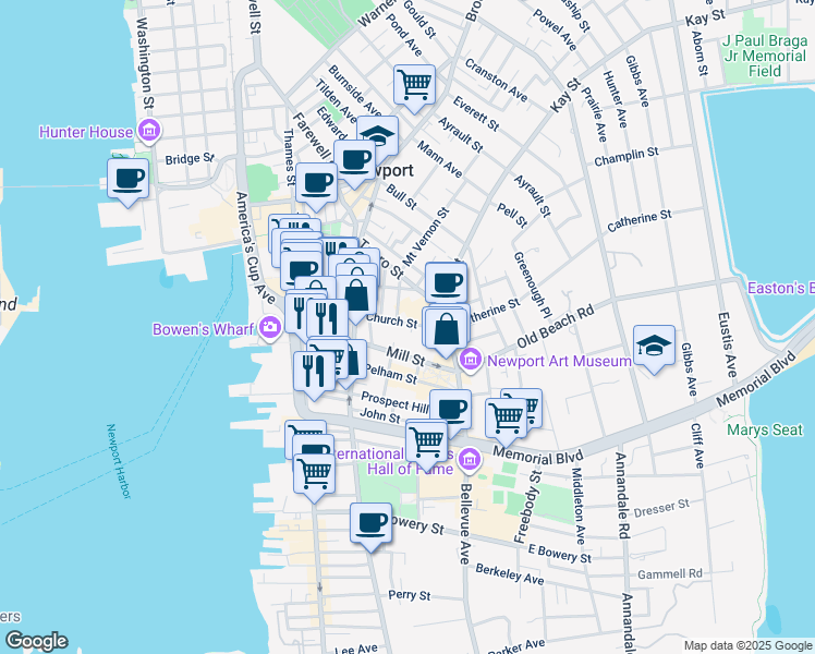 map of restaurants, bars, coffee shops, grocery stores, and more near 95 Church Street in Newport