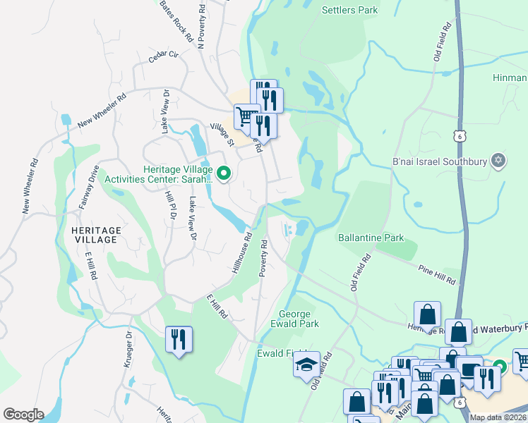 map of restaurants, bars, coffee shops, grocery stores, and more near 214F Heritage Road in Southbury