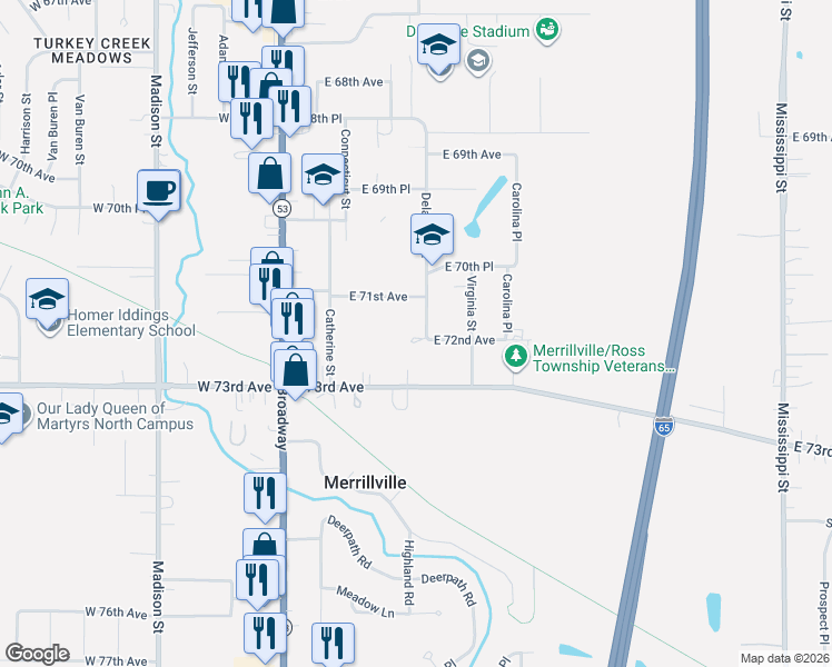 map of restaurants, bars, coffee shops, grocery stores, and more near 124 East 73rd Avenue in Merrillville