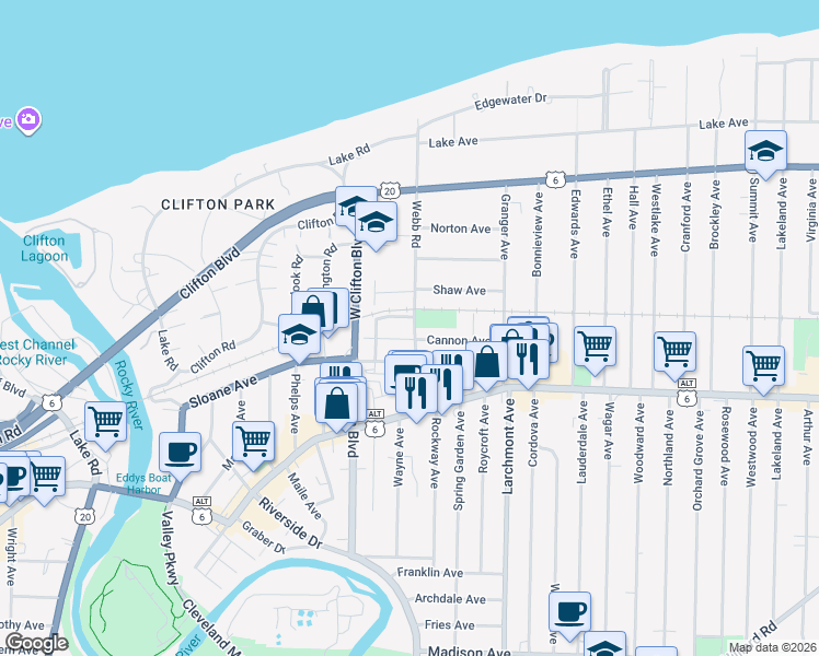 map of restaurants, bars, coffee shops, grocery stores, and more near 1314 Webb Road in Lakewood