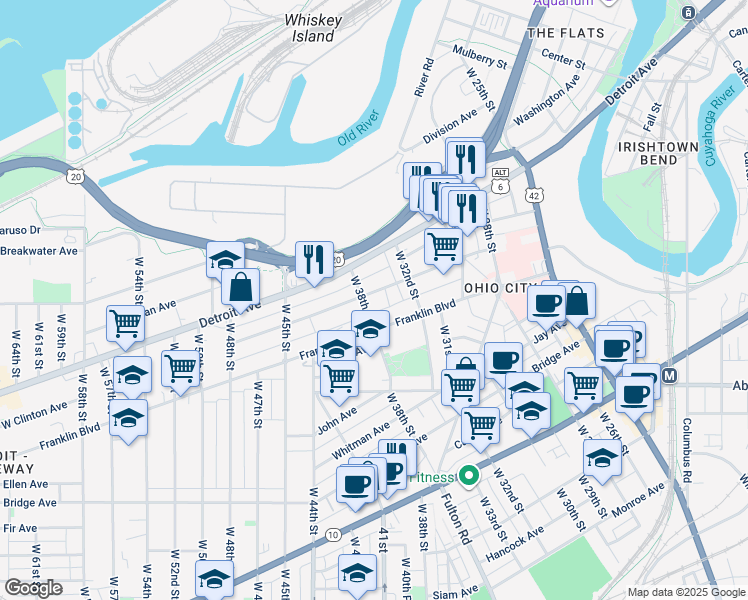 map of restaurants, bars, coffee shops, grocery stores, and more near 3607 Clinton Avenue in Cleveland