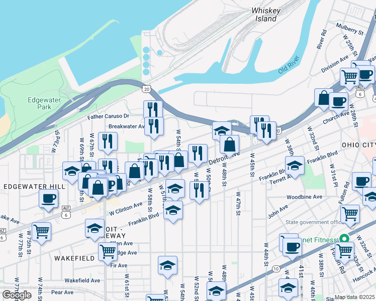 map of restaurants, bars, coffee shops, grocery stores, and more near 5208 Tillman Avenue in Cleveland