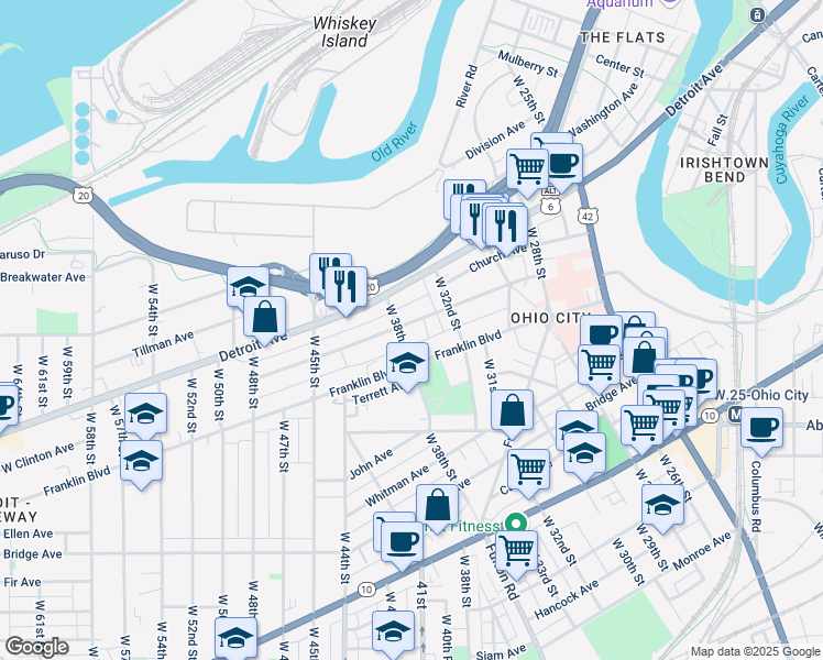 map of restaurants, bars, coffee shops, grocery stores, and more near 3607 Clinton Avenue in Cleveland