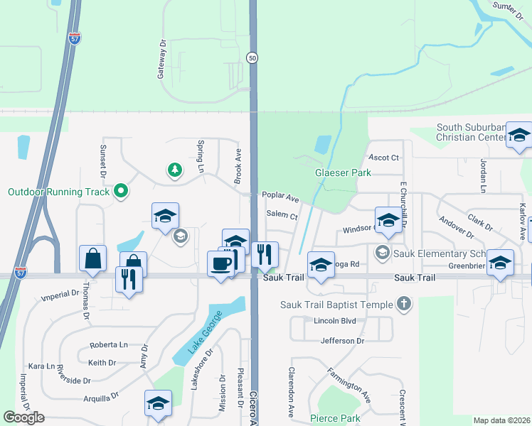 map of restaurants, bars, coffee shops, grocery stores, and more near 4799 Salem Court in Richton Park