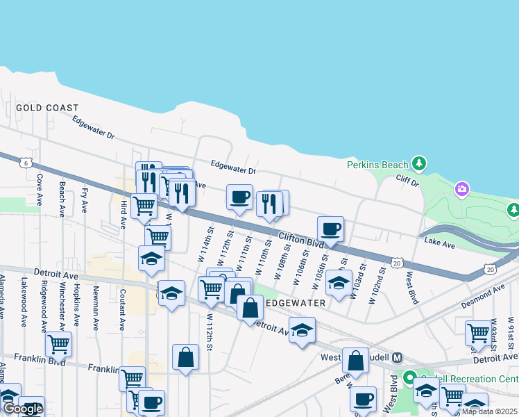 map of restaurants, bars, coffee shops, grocery stores, and more near 11095 Lake Avenue in Cleveland