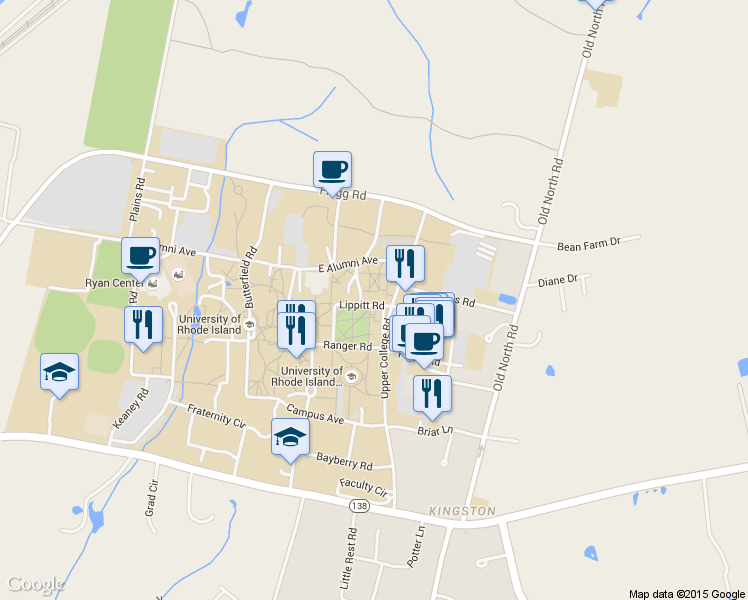 map of restaurants, bars, coffee shops, grocery stores, and more near 1 Lippitt Road in South Kingstown