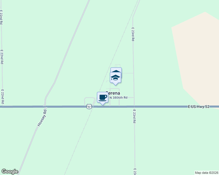 map of restaurants, bars, coffee shops, grocery stores, and more near 3819 East 2279th Road in Serena