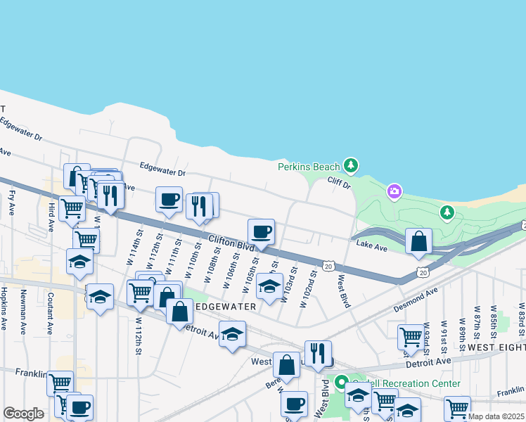 map of restaurants, bars, coffee shops, grocery stores, and more near 10500 Lake Avenue in Cleveland