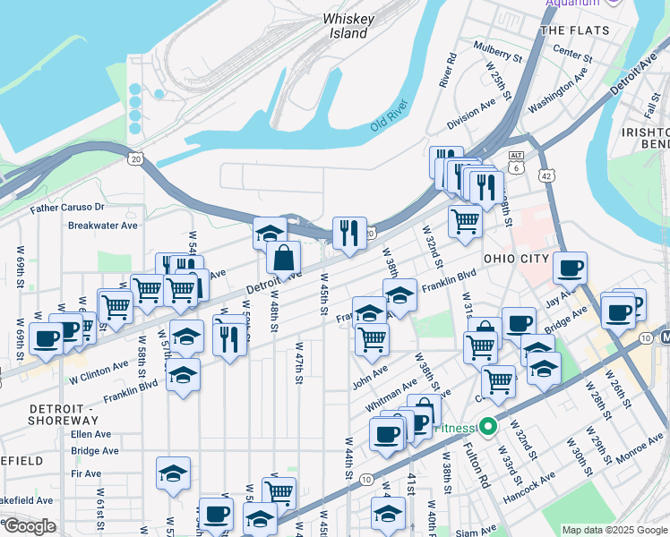 map of restaurants, bars, coffee shops, grocery stores, and more near 4417 Detroit Avenue in Cleveland
