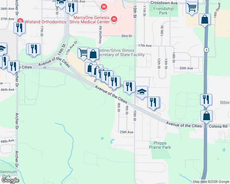 map of restaurants, bars, coffee shops, grocery stores, and more near 2263 7th Street in Silvis