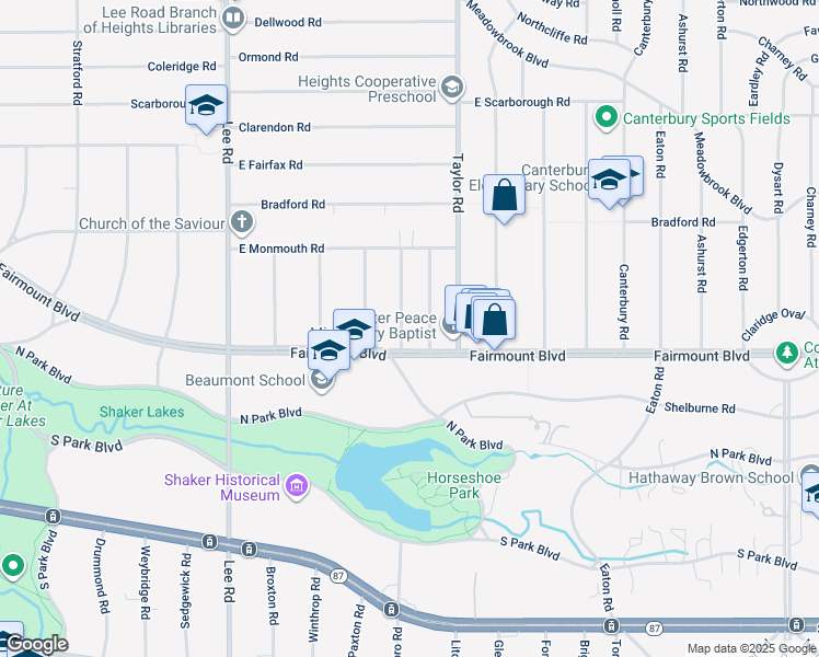 map of restaurants, bars, coffee shops, grocery stores, and more near 2661 Idlewood Road in Cleveland Heights