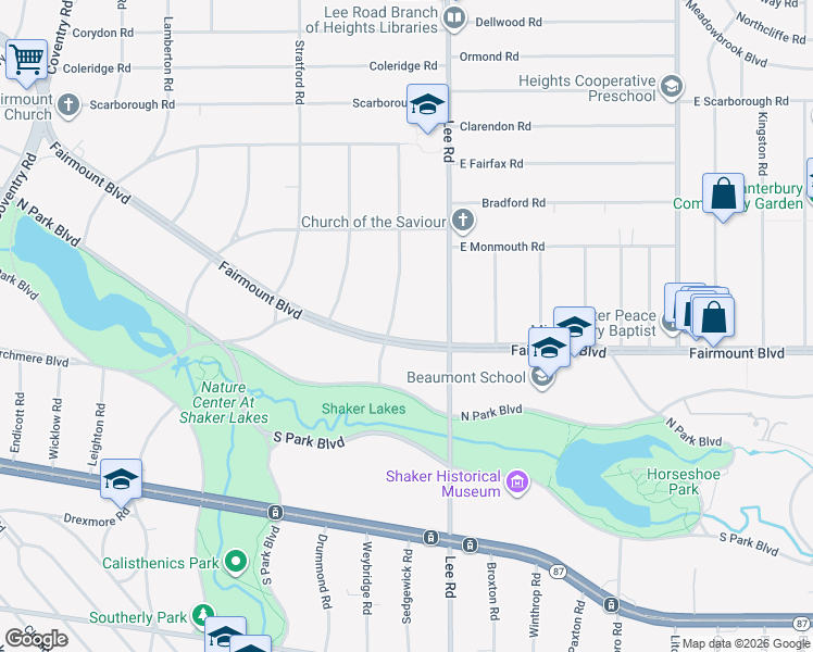 map of restaurants, bars, coffee shops, grocery stores, and more near 3145 Fairmount Boulevard in Cleveland Heights