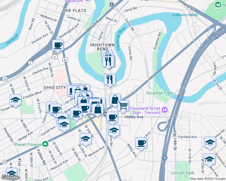 map of restaurants, bars, coffee shops, grocery stores, and more near 1937 Columbus Road in Cleveland