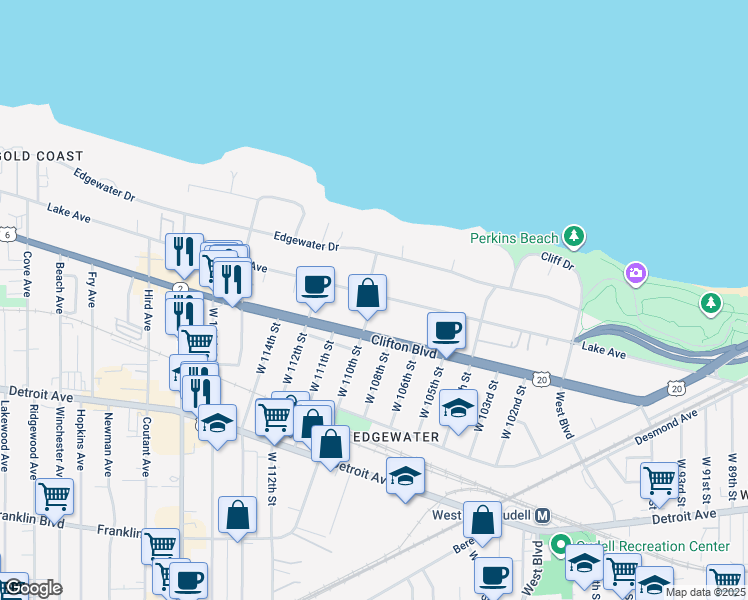 map of restaurants, bars, coffee shops, grocery stores, and more near in Cleveland