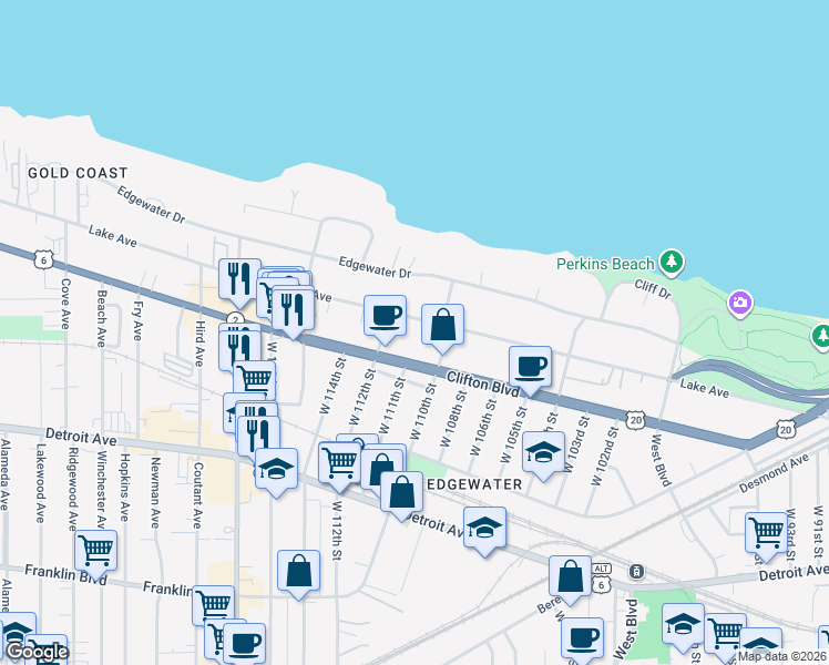 map of restaurants, bars, coffee shops, grocery stores, and more near 11859 Edgewater Drive in Lakewood