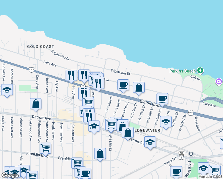 map of restaurants, bars, coffee shops, grocery stores, and more near 11406 Clifton Boulevard in Cleveland