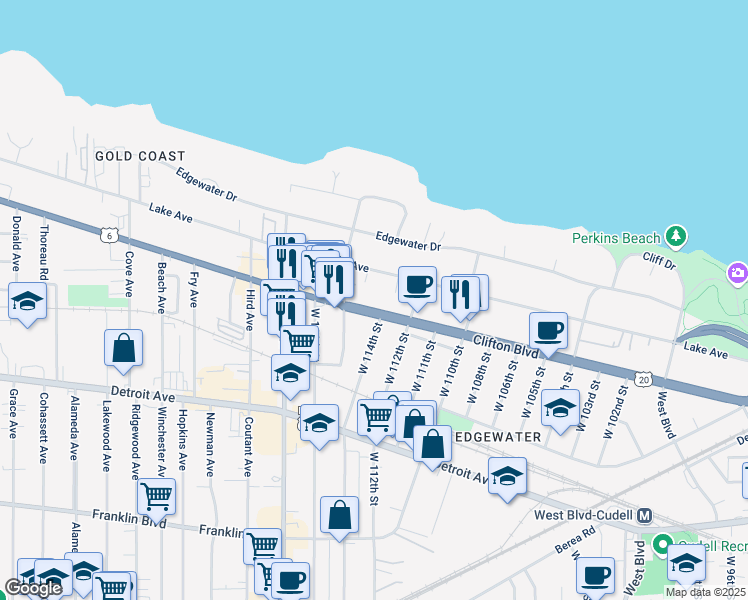 map of restaurants, bars, coffee shops, grocery stores, and more near 11410 U.S. 6 in Cleveland
