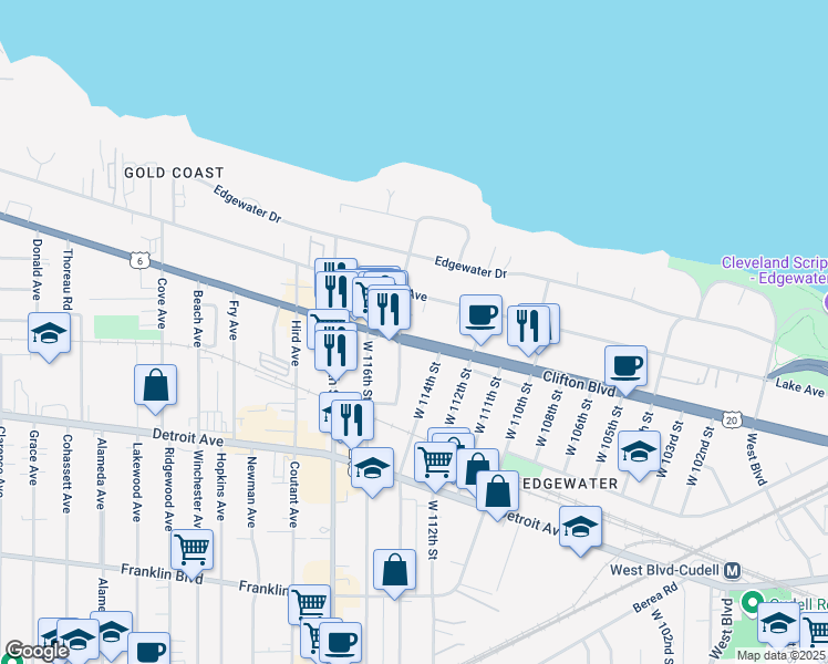 map of restaurants, bars, coffee shops, grocery stores, and more near 11410 U.S. 6 in Cleveland