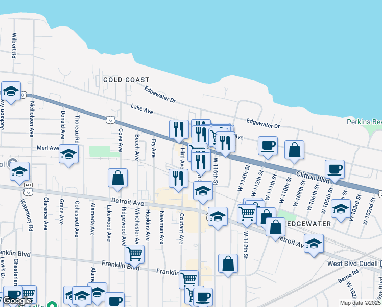 map of restaurants, bars, coffee shops, grocery stores, and more near 1262 West 117th Street in Lakewood
