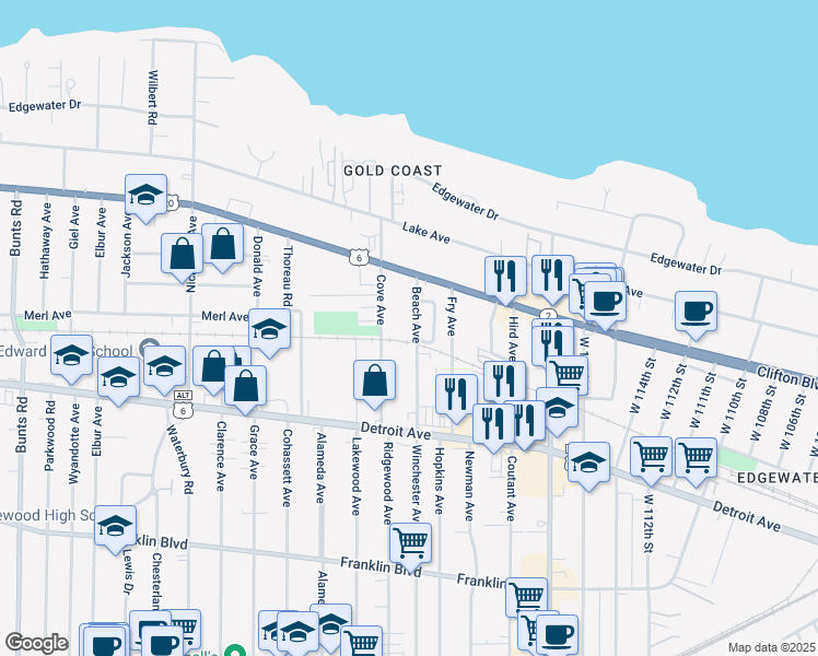map of restaurants, bars, coffee shops, grocery stores, and more near 1292 Clifton Prado in Lakewood