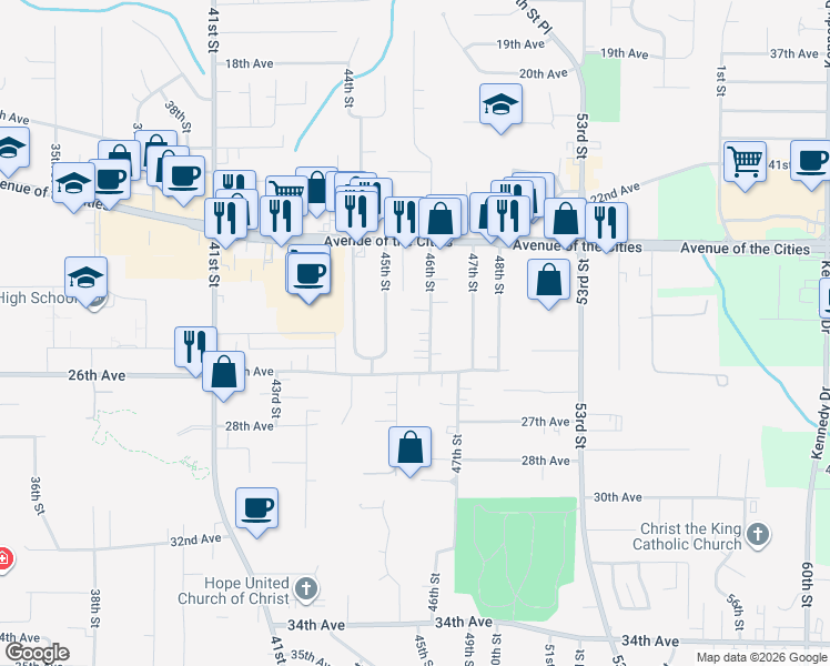 map of restaurants, bars, coffee shops, grocery stores, and more near 2501 46th Street in Moline
