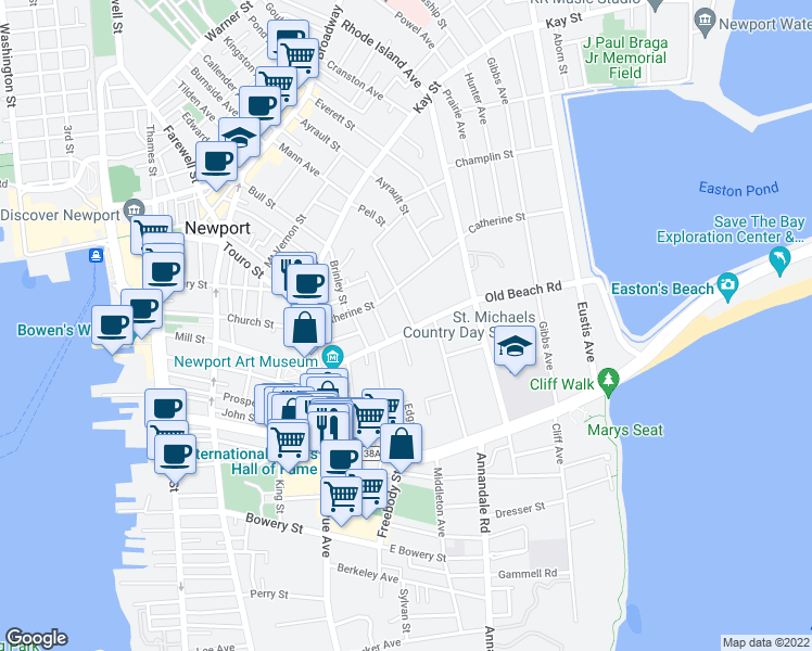 map of restaurants, bars, coffee shops, grocery stores, and more near 30 Old Beach Road in Newport