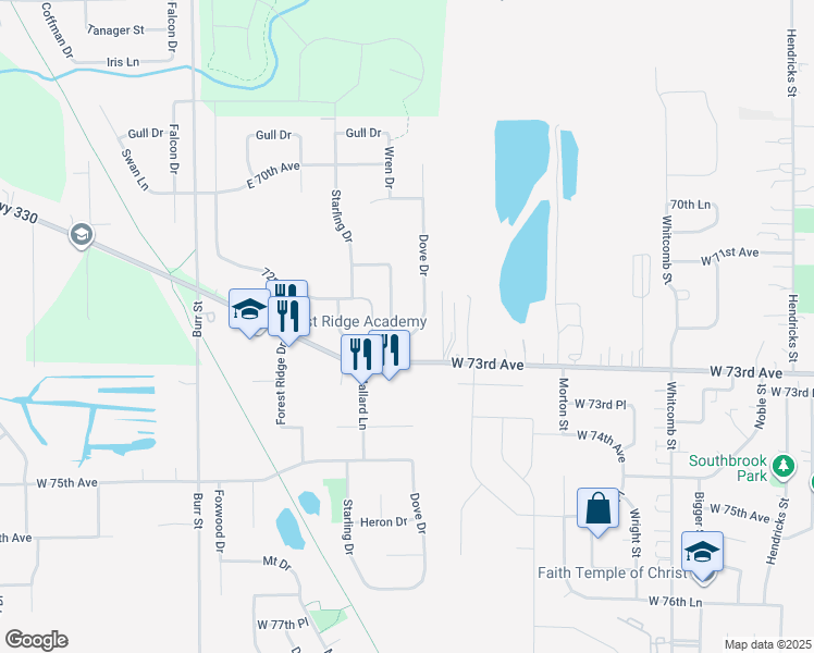 map of restaurants, bars, coffee shops, grocery stores, and more near 4906 Finch Drive in Schererville