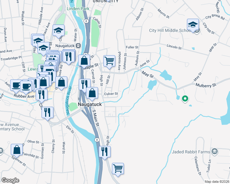 map of restaurants, bars, coffee shops, grocery stores, and more near 62 Homestead Avenue in Naugatuck