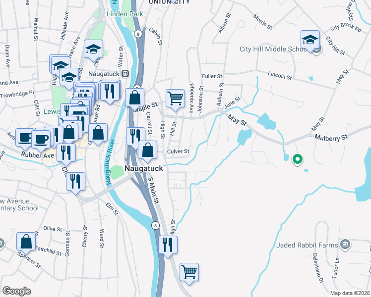 map of restaurants, bars, coffee shops, grocery stores, and more near 41 Culver Street in Naugatuck
