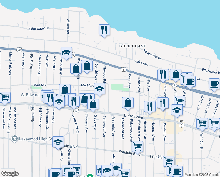 map of restaurants, bars, coffee shops, grocery stores, and more near 1305 Thoreau Road in Lakewood