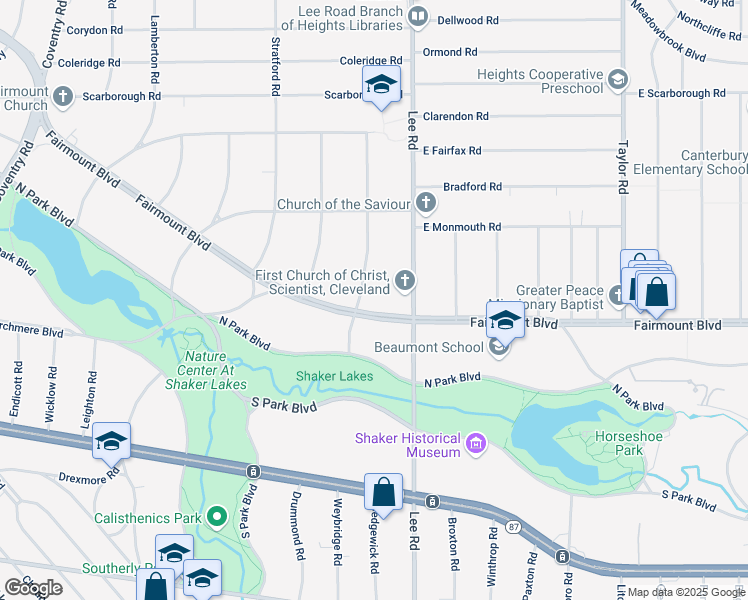 map of restaurants, bars, coffee shops, grocery stores, and more near 3145 Fairmount Boulevard in Cleveland Heights