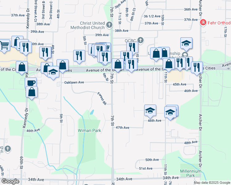 map of restaurants, bars, coffee shops, grocery stores, and more near 4324 7th Street in East Moline