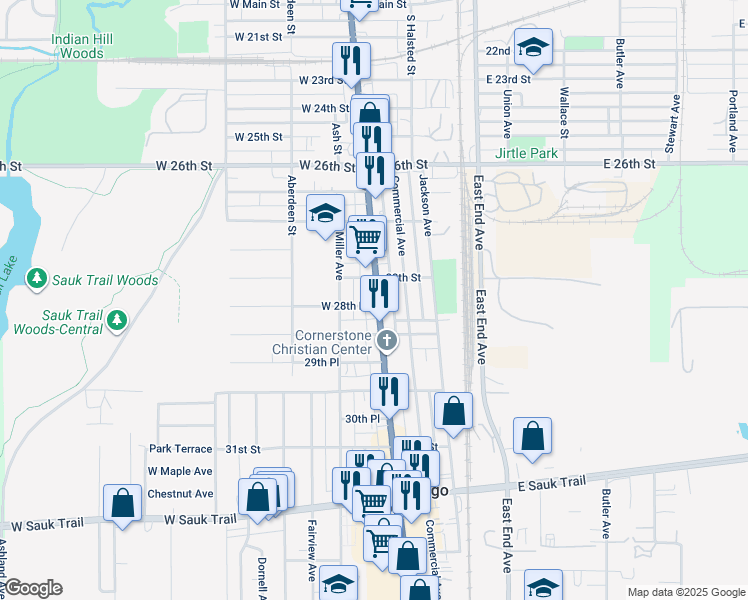 map of restaurants, bars, coffee shops, grocery stores, and more near 2830 Chicago Road in South Chicago Heights