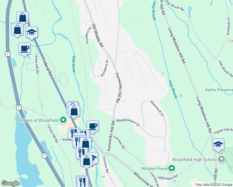 map of restaurants, bars, coffee shops, grocery stores, and more near 27 Ironworks Hill Road in Brookfield