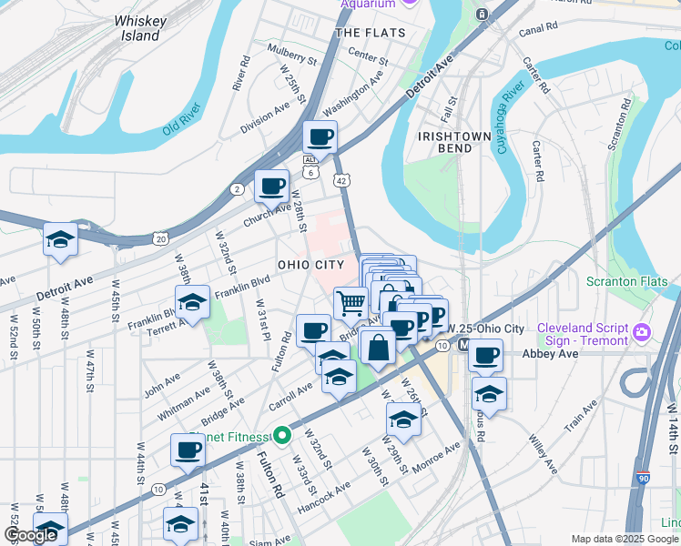 map of restaurants, bars, coffee shops, grocery stores, and more near 1730 West 25th Street in Cleveland