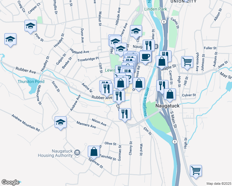 map of restaurants, bars, coffee shops, grocery stores, and more near 124 Meadow Street in Naugatuck