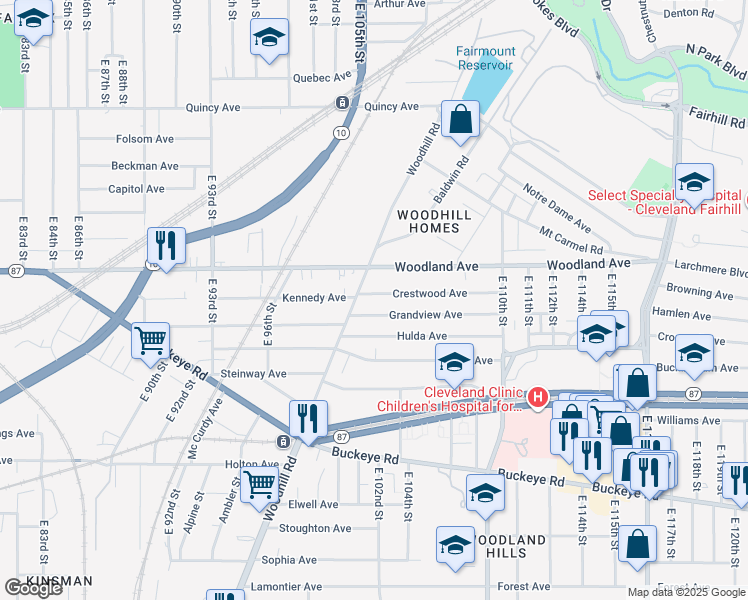 map of restaurants, bars, coffee shops, grocery stores, and more near 2643 Woodhill Road in Cleveland