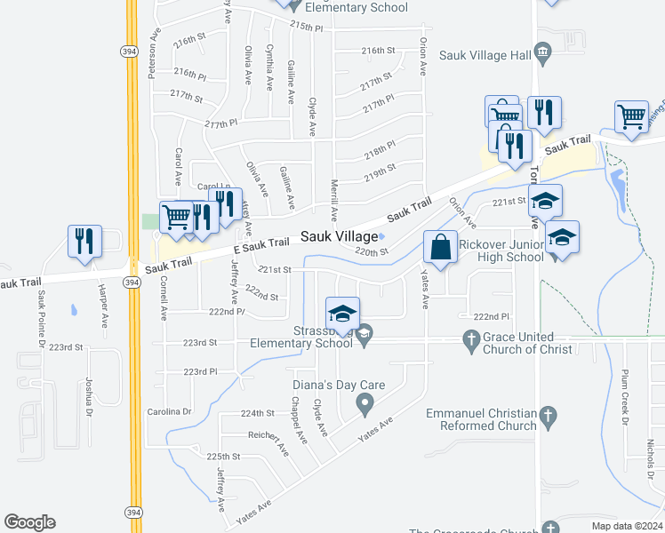 map of restaurants, bars, coffee shops, grocery stores, and more near 1955 221st Street in Sauk Village