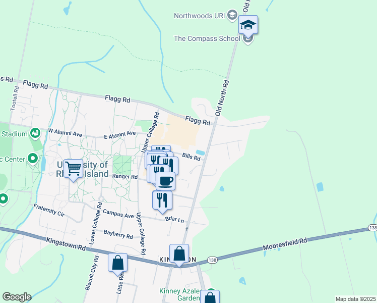 map of restaurants, bars, coffee shops, grocery stores, and more near 35 Bills Road in South Kingstown