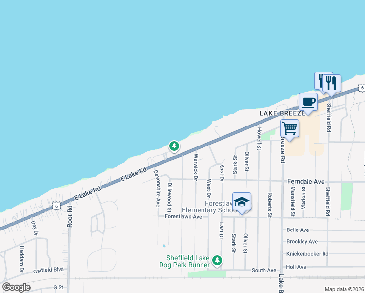 map of restaurants, bars, coffee shops, grocery stores, and more near 3801 Lake Road in Sheffield Lake
