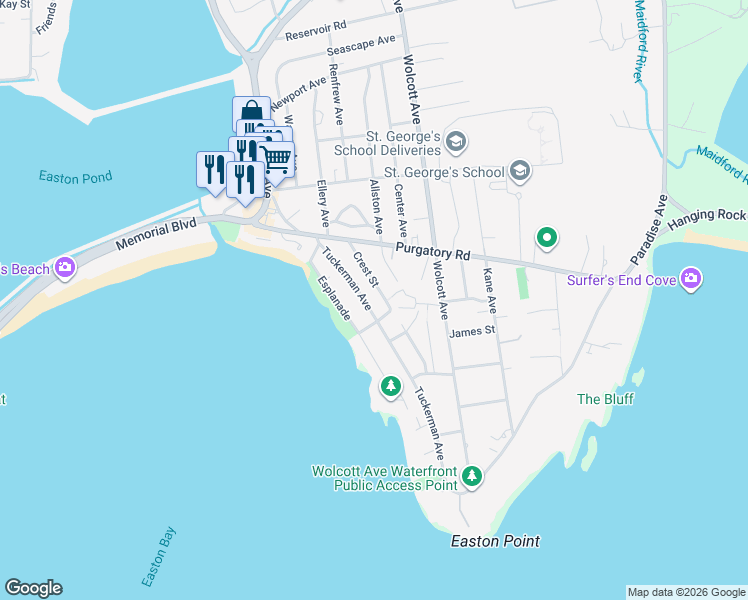 map of restaurants, bars, coffee shops, grocery stores, and more near 104 Tuckerman Avenue in Middletown