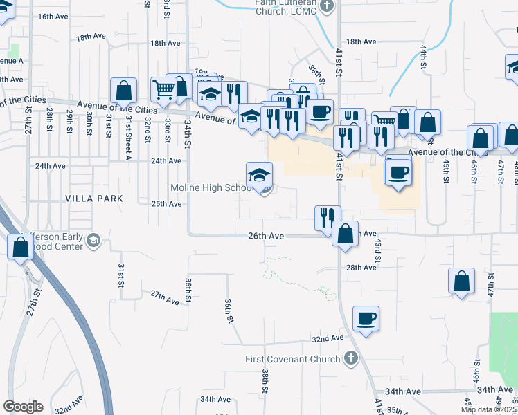 map of restaurants, bars, coffee shops, grocery stores, and more near 3600 Avenue Of The Cities in Moline