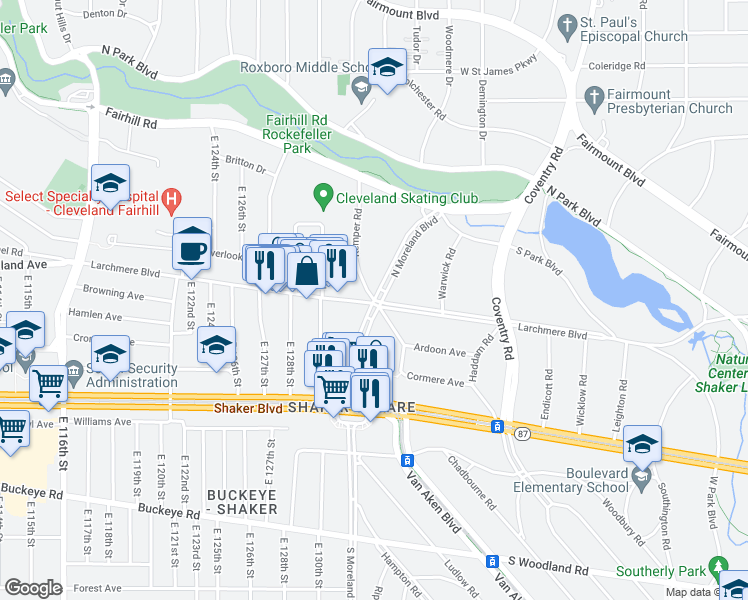 map of restaurants, bars, coffee shops, grocery stores, and more near Larchmere Blvd & Kemper Rd in Shaker Heights