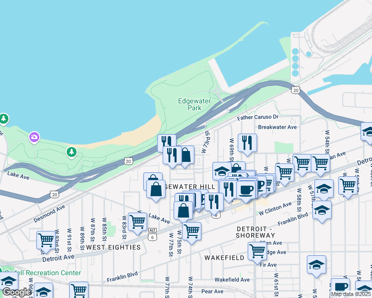 map of restaurants, bars, coffee shops, grocery stores, and more near 7524 Father Frascati in Cleveland